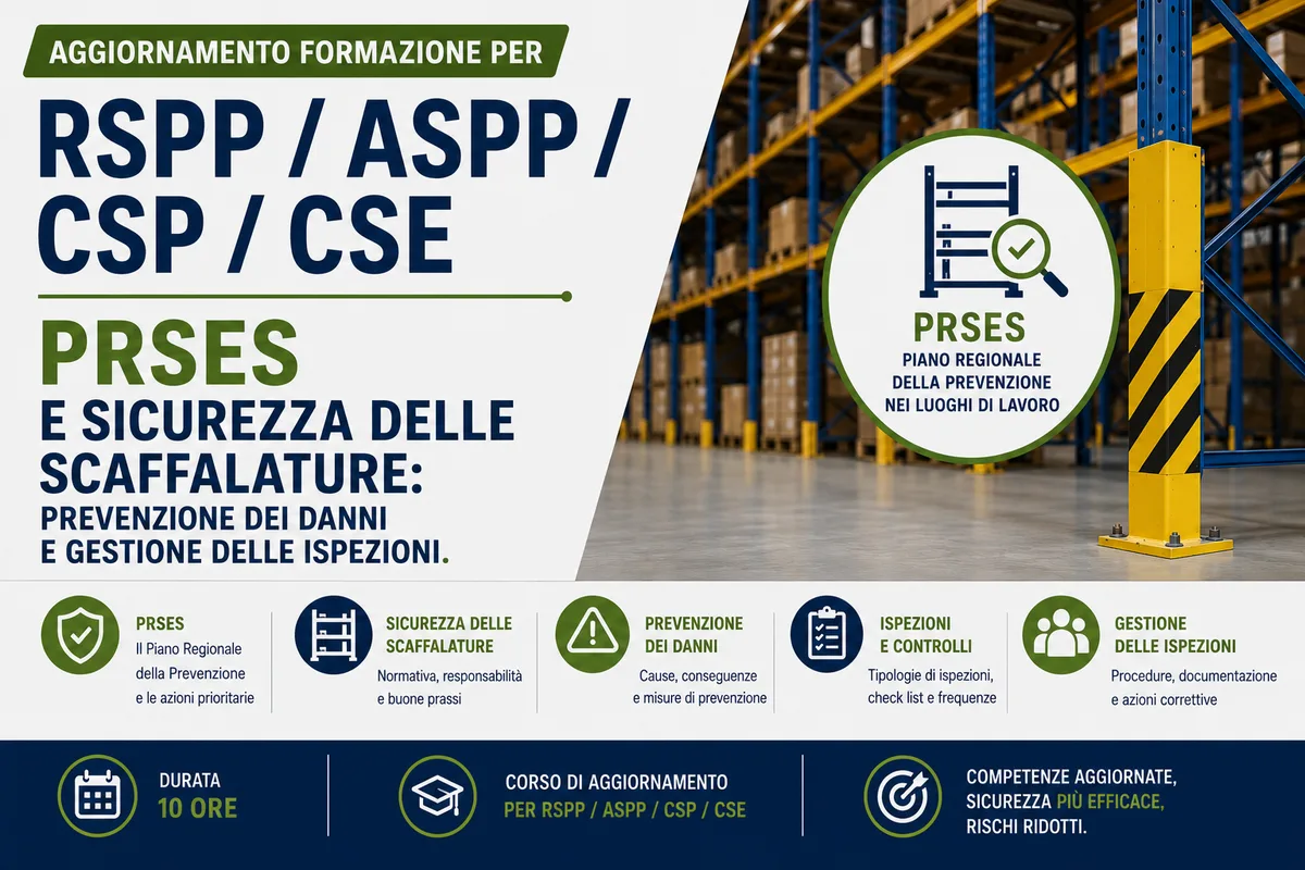 Aggiornamento formazione per RSPP/ASPP/CSP/CSE. PRSES e Sicurezza delle Scaffalature: Prevenzione dei Danni e Gestione delle Ispezioni.