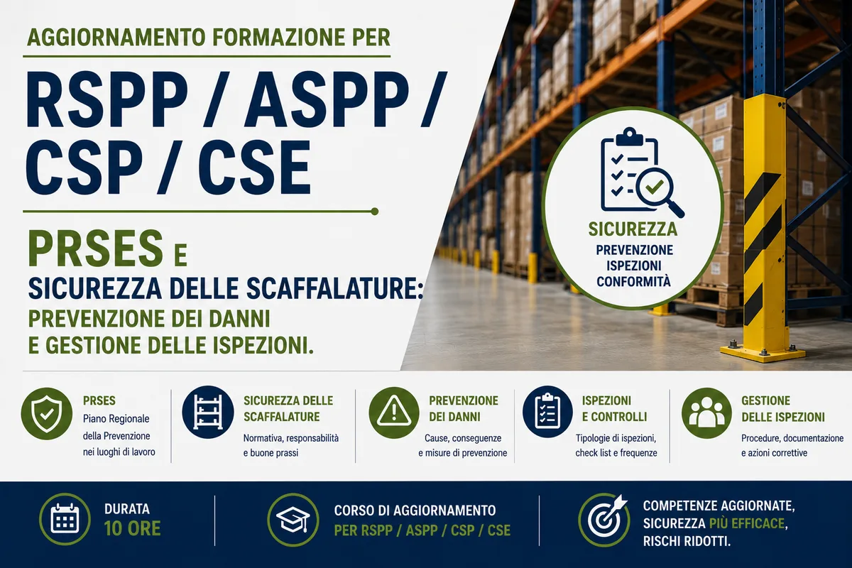 Aggiornamento formazione per RSPP/ASPP/CSP/CSE. PRSES e Sicurezza delle Scaffalature: Prevenzione dei Danni e Gestione delle Ispezioni.