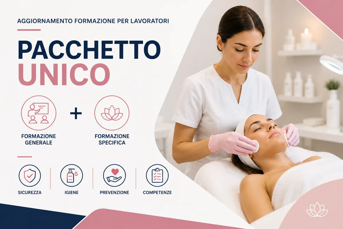 Pacchetto unico con formazione generale e specifica per lavoratori del settore estetiste, dedicato ai principali rischi e misure di prevenzione.