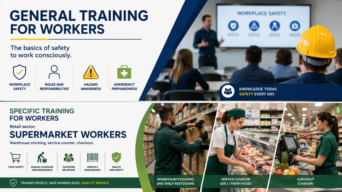 Formazione generale dei lavoratori + Formazione specifica per lavoratori del settore commercio: Addetti ad un supermercato alimentare - magazzino riordino sala, banco servito, cassa.