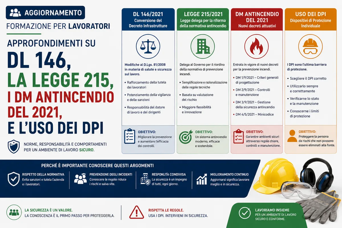 Aggiornamento formazione per lavoratori. Approfondimenti sul DL 146, la legge 215, i DM antincendio del 2021, e l'uso dei DPI
