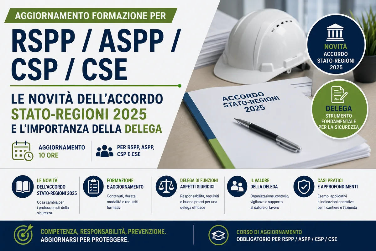 Aggiornamento formazione per RSPP/ASPP/CSP/CSE. Le novità dell'Accordo Stato-Regioni 2025 e l'importanza della delega