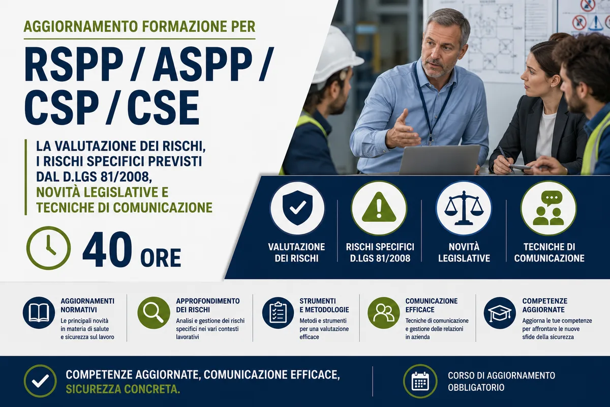 Aggiornamento formazione per RSPP/ASPP/CSP/CSE: La valutazione dei rischi, i rischi specifici previsti dal D.Lgs 81/2008, novità legislative e tecniche di comunicazione (40 ore)