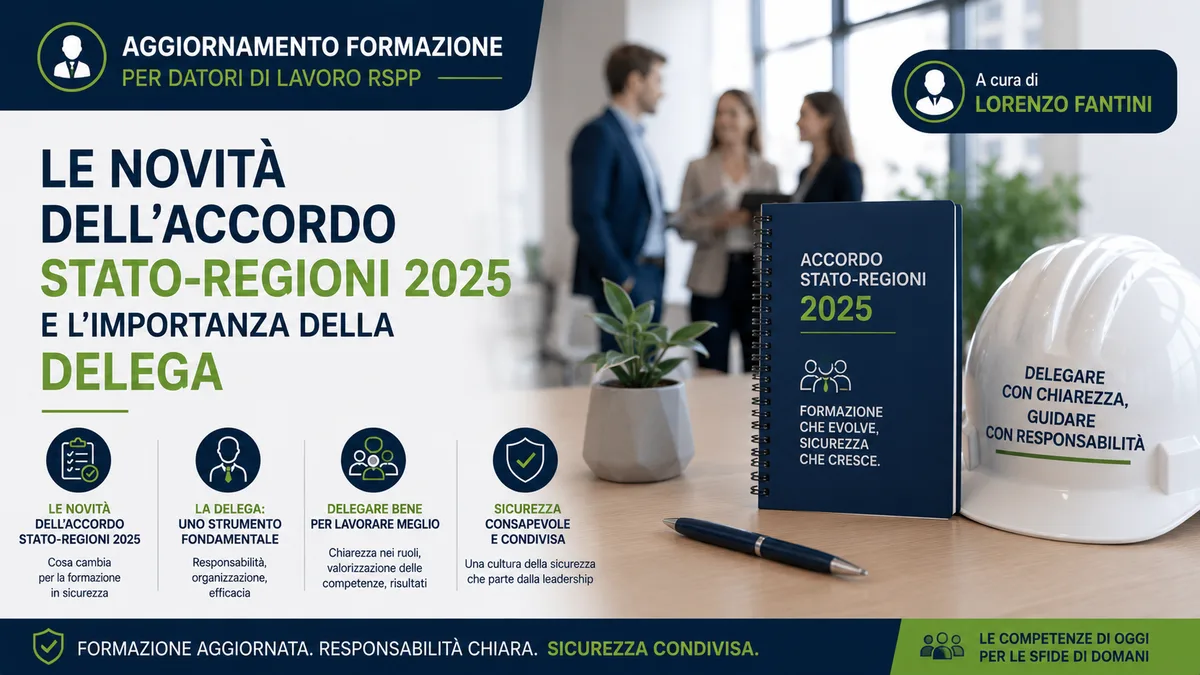 Aggiornamento formazione per datori di lavoro RSPP. Le novità dell'Accordo Stato-Regioni 2025 e l'importanza della delega - A cura di Lorenzo Fantini