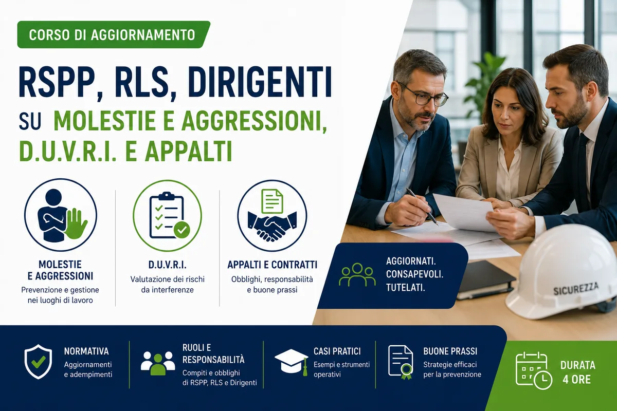 Corso di Aggiornamento per Rspp, RLS, Dirigenti su Molestie e aggressioni, D.U.V.R.I. e Appalti