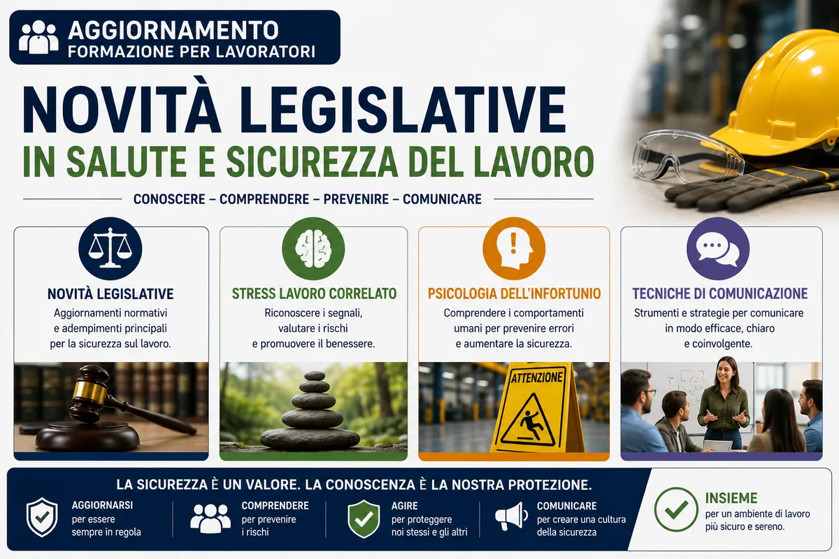 Aggiornamento formazione per lavoratori. Novità legislative in salute e sicurezza del lavoro, stress lavoro correlato, psicologia dell'infortunio, tecniche di comunicazione